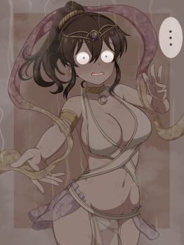 ... 1girl absurdres armlet blue_eyes breasts brown_hair burnt cleavage commission constricted_pupils cowboy_shot crescent_choker dancer gold_armlet gold_choker gold_trim harem_outfit highres idolmaster idolmaster_million_live! jewelry large_breasts milliani navel o_o open_mouth panties pelvic_curtain pixiv_commission ponytail reaching reaching_towards_viewer revealing_clothes satake_minako see-through_clothes see-through_pelvic_curtain simple_background solo standing tiara underwear variant_set veil white_panties