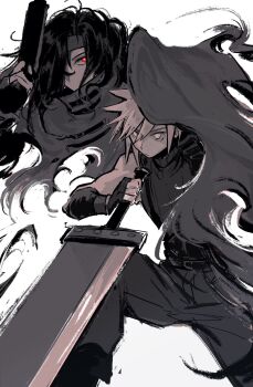 2boys belt black_belt black_gloves black_hair black_pants bright_pupils buster_sword cape cape_lift cheppo cloud_strife commentary elbow_gloves english_commentary final_fantasy final_fantasy_vii fingerless_gloves gloves gun hair_over_one_eye hand_up handgun headband highres holding holding_gun holding_sword holding_weapon knee_up limited_palette long_hair male_focus multiple_boys no_mouth pants protecting red_eyes serious short_hair sleeveless sleeveless_turtleneck spiked_hair suspenders sword torn_cape torn_clothes turtleneck upper_body vincent_valentine wavy_hair weapon whisp white_background yellow_eyes