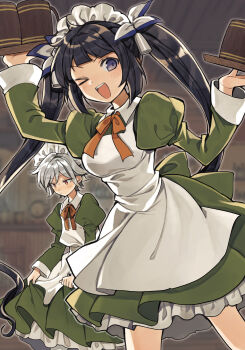 1boy 1girl :d apron bell bell_cranel bow bowtie breasts clothes_grab crossdressing crossdressing_(mtf) dress dungeon_ni_deai_wo_motomeru_no_wa_machigatteiru_darou_ka green_dress hair_bell hair_ornament hands_up hestia_(danmachi) highres holding holding_tray indoors juliet_sleeves kurodeko long_hair long_sleeves looking_at_viewer looking_down maid_headdress medium_breasts novel_illustration official_art one_eye_closed open_mouth orange_bow orange_bowtie puffy_sleeves short_hair sidelocks smile standing tankard third-party_source tray twintails white_apron white_headdress