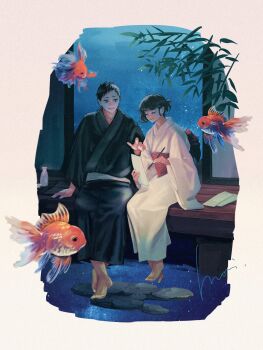 1boy 1girl absurdres architecture bamboo bamboo_leaf black_hair black_kimono calligraphy_brush closed_eyes east_asian_architecture fish floating_animal goldfish highres holding holding_calligraphy_brush holding_paintbrush japanese_clothes kimono mori_hisato original paintbrush paper pointing pointing_at_object short_hair sitting white_kimono