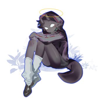 Rule 34 | 1boy, adapted costume, animification, badboyhalo, black hair, black shoes, black shorts, black skin, blank eyes, chinese commentary, cihuabinggan, colored skin, commentary request, demon boy, demon horns, halo, highres, hood, hood up, hoodie, horns, long sleeves, looking at viewer, male focus, minecraft youtube, monster boy, shoes, short hair, shorts, simple background, sitting, socks, solo, tail, white background, white socks