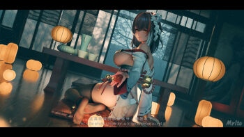 1girl absurdres architecture arm_support artist_name ass bare_shoulders barefoot bell black_hair black_thighhighs breasts choko_(cup) closed_mouth commentary_request cup cushion detached_sleeves east_asian_architecture feet flower from_behind fusuma hair_bell hair_between_eyes hair_ornament highres indoors japanese_clothes kimono kouhaku_nawa lantern large_breasts letterboxed long_sleeves looking_at_viewer looking_back medium_hair mr_ito multicolored_hair naruse_haru_(snowbreak) nontraditional_miko obi off_shoulder on_floor panties paper_lantern red_hair reflection reflective_floor ribbon_trim rope sash shimenawa shouji sideboob sitting sliding_doors smile snowbreak:_containment_zone soles solo streaked_hair table thighhighs thighs tree underwear white_kimono white_panties wooden_floor yellow_eyes yokozuwari zabuton