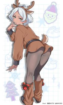 Rule 34 | animal costume, antlers, beard, bell, belt, boots, bow, christmas, christmas tree, commentary request, dark-skinned female, dark skin, deer tail, facial hair, fur trim, green eyes, gundam, gundam suisei no majo, haro, hat, headband, highres, horns, looking back, nekomiya mizuki, reindeer antlers, reindeer costume, santa hat, secelia dote, skin tight, snowflakes, snowman, tail, white hair, white nails