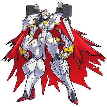 Rule 34 | 1girl, absurdres, ahoge, arms at sides, blonde hair, breasts, cape, commentary request, full body, gun, highres, horns, joints, looking at viewer, machine gun, mecha musume, medium breasts, missile pod, mold (pixiv6616319), original, pale skin, red cape, robot joints, solo, standing, thrusters, weapon, white background, yellow eyes