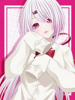 1girl :p absurdres arms_up border bow bowtie buttons collared_shirt commentary drop_shadow grid_background hair_ornament head_tilt highres layered_shirt light_blush long_hair long_sleeves looking_at_viewer nijisanji parted_bangs pink_border pink_eyes pink_hair red_bow red_bowtie red_ribbon ribbon shiina_yuika shirt sleeves_past_fingers sleeves_past_wrists socks solo symbol-only_commentary tongue tongue_out upper_body virtual_youtuber wanko_(yurika0320) white_socks