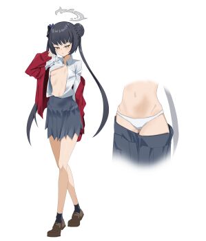 1girl absurdres black_hair black_skirt black_souls blue_archive breasts brown_shoes commentary_request dust_bunny_(dtky5772) grey_eyes grey_halo halo highres jacket kisaki_(blue_archive) long_hair looking_at_viewer midriff multiple_views navel panties pleated_skirt red_jacket school_uniform shirt shoes simple_background skirt small_breasts underwear very_long_hair white_background white_panties white_shirt