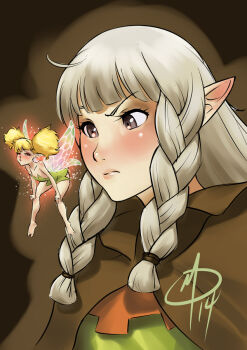 2girls ahoge barefoot blonde_hair blush braid dragon's_crown drunk elf elf_(dragon's_crown) fairy fairy_wings flat_chest long_hair mini_person minigirl mooning multiple_girls pointy_ears polarityplus presenting purple_eyes silver_hair tiki_(dragon's_crown) twin_braids twintails wings