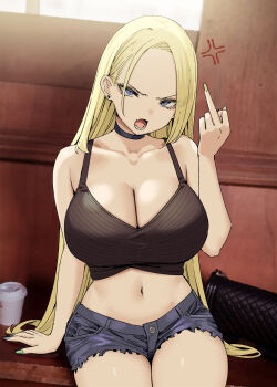 1girl anger_vein angry arm_support bare_shoulders black_choker black_tank_top blonde_hair blue_eyes breasts choker cleavage commentary_request crop_top cup cutoffs denim denim_shorts disposable_cup earrings fang hair_behind_ear highres indoors jewelry joshi_kousei_rich_thots large_breasts long_hair looking_at_viewer middle_finger midriff nail_polish navel open_mouth original rena_(sky-freedom) shorts sitting skin_fang sky-freedom solo tank_top very_long_hair