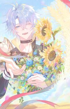 Rule 34 | 1boy, antenna hair, armor, black choker, black shirt, blue eyes, blue sky, blush, bouquet, choker, coat, commentary, flower, highres, holding, holding bouquet, honkai: star rail, honkai (series), looking at viewer, male focus, neck tattoo, one eye closed, parted bangs, pauldrons, phainon (honkai: star rail), scarecrow, shirt, short hair, shoulder armor, single pauldron, sky, smile, solo, sun symbol, sun tattoo, sunflower, tan, tattoo, wan xiaoliya, wheat field, white coat, white hair