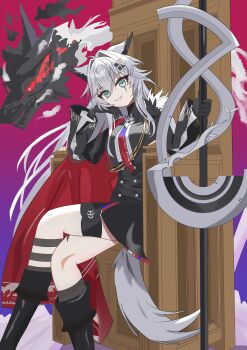 Rule 34 | 1girl, absurdres, animal ears, arknights, black boots, black gloves, boots, commentary request, crossed legs, giru rei, gloves, green eyes, grey hair, hair between eyes, highres, lappland (arknights), lappland the decadenza (arknights), long hair, official alternate costume, scar, scar on face, shirt, smile, solo, thighs, white shirt, wolf ears, wolf girl