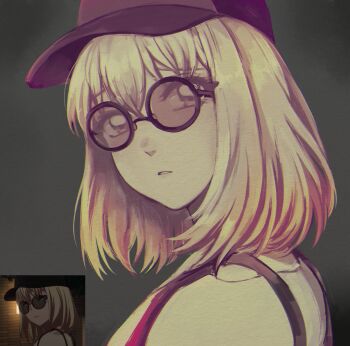 1girl bang_dream! bang_dream!_it&#039;s_mygo!!!!! baseball_cap blonde_hair bulkobon hat highres medium_hair misumi_uika parted_lips reference_inset round_eyewear solo upper_body