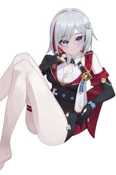 1girl absurdres asymmetrical_gloves bare_shoulders belt black_belt black_gloves black_unitard breasts button_gap cleavage coin collar collared_shirt colored_inner_hair diamond_(shape) gloves gold_coin grey_hair hair_ornament highres holding holding_coin honkai:_star_rail honkai_(series) knees_up kumari2311 large_breasts looking_at_viewer multicolored_hair red_hair shirt sleeveless sleeveless_shirt smile streaked_hair thigh_strap topaz_(honkai:_star_rail) uneven_gloves unitard white_collar white_shirt