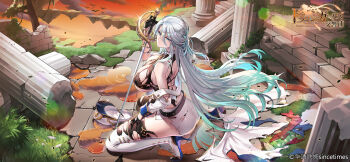 1girl anzumame aqua_hair ass belt black_belt black_gloves blue_eyes boots braid breasts character_request closed_mouth colored_tips commentary_request copyright_notice dusk floating_island flower from_side gloves grass grey_hair hair_between_eyes half_gloves hat high_heel_boots high_heels highres holding holding_sword holding_weapon jacket large_breasts long_hair multicolored_hair off_shoulder official_art panties peaked_cap ruins skirt solo sword the_symphony_of_dragon_and_girls thighhighs thighhighs_under_boots torn_boots torn_clothes torn_skirt torn_thighhighs underwear unworn_hat unworn_headwear weapon white_flower white_hat white_jacket white_skirt