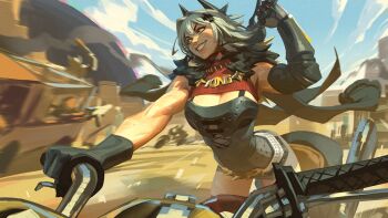 &gt;:) 1girl arched_back belt black_thighhighs blue_sky breasts caesar_king_(zenless_zone_zero) chest_guard clasp cleavage collar crazy_eyes crazy_smile emblem fur-trimmed_jacket fur_trim gloves grey_belt grey_hair hair_ornament highres holding holding_behind_back holding_sword holding_sword_behind_back holding_weapon holding_weapon_behind_back horns jacket jeremy_anninos large_breasts medium_hair miniskirt motor_vehicle motorcycle on_motorcycle outdoors skindentation skirt sky smile solo sword thighhighs turtleneck v-shaped_eyebrows weapon yellow_eyes zenless_zone_zero