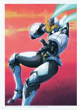 3d absurdres aqua_eyes aqua_sclera armor aura black_armor blue_aura clenched_hand colored_sclera dynamic_pose full_body gauntlets glowing glowing_eye glowing_lines gold_trim gunvarrel helmet highres ishiwata_makoto kidou_battle_gunvarrel mecha mecha_focus mechanical_hands no_humans official_art open_hand outstretched_arm reaching reaching_towards_viewer robot robotics;notes scan science_adventure science_fiction simple_background solo standing v-fin white_armor white_background
