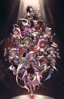 6+girls :d absurdres ahoge akane_lize animal_ears aokumo_rin arahashi_tabi ayatsuno_yuni black_hair black_pantyhose black_shorts black_skirt blue_eyes blue_hair blunt_bangs boots bow braid center_frills coat colored_inner_hair colored_lapels commentary commentary_request cone_hair_bun corset double_bun english_commentary everyone feathered_wings floating floating_hair frilled_shirt frills green_eyes green_hair grey_eyes grey_hair h0kori hair_bow hair_bun hair_intakes hanako_nana hand_up hands_up high_heel_boots high_heels highres horns korean_commentary lapels long_hair looking_at_viewer looking_down looking_up matching_outfits medium_hair mixed-language_commentary multicolored_hair multiple_girls musical_note neneko_mashiro open_mouth pantyhose parted_bangs petticoat pink_hair pleated_skirt purple_eyes purple_hair red_eyes red_hair shirayuki_hina shirt short_hair short_sleeves shorts single_horn skirt smile spotlight standing standing_on_one_leg stellive straight_hair tenko_shibuki thigh_strap twintails unicorn_horn very_long_hair virtual_youtuber white_boots white_coat white_shirt wings yuzuha_riko