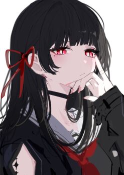 1girl absurdres arm_up black_choker black_hair black_jacket black_shirt blunt_bangs blush chisa_(wuthering_waves) choker closed_mouth collarbone commentary_request hair_ribbon highres jacket long_hair looking_at_viewer magnet_8_8 mole mole_under_eye neckerchief pink_nails portrait red_eyes red_neckerchief red_ribbon ribbon sailor_collar shirt simple_background solo tacet_mark_(wuthering_waves) thinking white_sailor_collar wuthering_waves