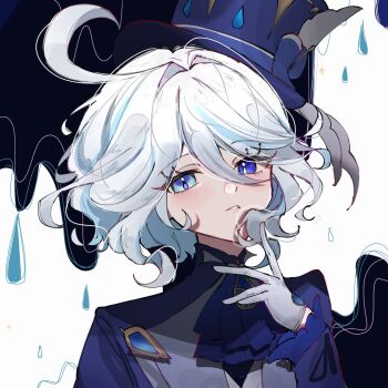 1girl ahoge blue_eyes blue_gem blue_hair commentary_request drop-shaped_pupils eyelash_ornament furina_(genshin_impact) gem genshin_impact gloves heterochromia highres multicolored_hair solo streaked_hair symbol-shaped_pupils white_gloves white_hair yunoji_(onigiri_yumi09)