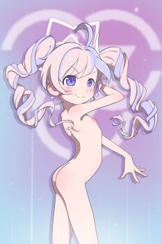 1girl absurdres ahoge arched_back ass blue_archive blush completely_nude cowboy_shot earrings flat_chest highres jewelry legs loli nipples nude poethewondercat purple_eyes reisa_(blue_archive) skinny smile solo standing star_(symbol) star_earrings thighs