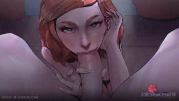1boy 1girl alexia_blackwell copyright_logo copyright_name english_text fellatio grey_eyes hetero logo looking_at_viewer oral orange_hair penis pov seeds_of_chaos tucking_hair venusnoiregames watermark web_address
