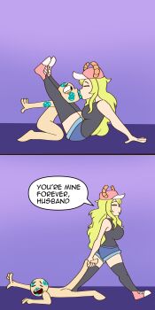 1boy 1girl absurdres ankle_grab between_thighs black_tank_top blonde_hair closed_eyes dragging grabbing_another&#039;s_ankle green_lips highres kiss kobayashi-san_chi_no_maidragon lipstick lipstick_mark long_hair lucoa_(maidragon) makeup pink_shoes shippart shoes shorts tank_top
