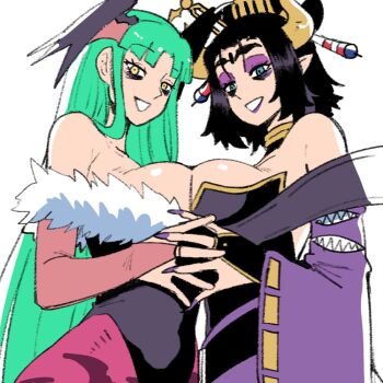 2girls animal_print bare_shoulders bat_print bat_wings black_hair black_leotard blue_eyes breast_press breasts breasts_squeezed_together darkstalkers demon_girl demon_horns demon_wings digimon digimon_(creature) eyeshadow facial_mark forehead_mark green_hair hair_ornament head_wings highleg highleg_leotard horns large_breasts leotard lilithmon long_hair looking_at_viewer makeup morrigan_aensland multiple_girls pantyhose pointy_ears purple_eyeshadow purple_lips purple_pantyhose short_hair smile symmetrical_docking wanderjegson wings yellow_eyes