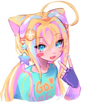 1girl absurdres ahoge animal_ears blonde_hair blue_eyes blue_shirt blush_stickers cat_ears cat_girl clothes_writing cloud_(lufaeris) commentary cropped_torso english_commentary fang fingerless_gloves gloves hair_between_eyes hair_ornament hand_up highres huge_ahoge long_hair looking_at_viewer multicolored_hair open_mouth original pink_streaks purple_gloves shirt simple_background single_blush_sticker solo star_(symbol) star_hair_ornament streaked_hair v white_background