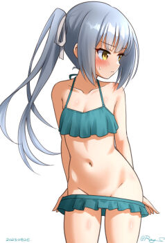 1girl bikini bikini_skirt breasts brown_eyes clothes_pull frilled_bikini frills green_bikini grey_hair groin hair_ribbon kantai_collection kasumi_(kancolle) kasumi_kai_ni_(kancolle) kasumi_kai_ni_(swimsuit)_(kancolle) long_hair navel official_alternate_costume one-hour_drawing_challenge pulling_own_clothes ray.s ribbon ruffle_bikini side_ponytail simple_background small_breasts solo sweat sweatdrop swimsuit very_long_hair white_background white_ribbon