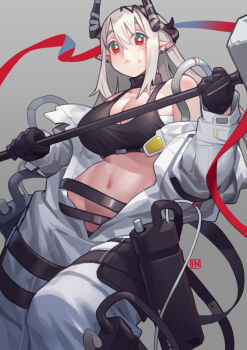 1girl arknights black_gloves black_horns black_sports_bra breasts cleavage gloves grey_hair hammer highres holding holding_hammer horns jumpsuit large_breasts long_hair mudrock_(arknights) mudrock_(elite_ii)_(arknights) navel open_jumpsuit poch4n pointy_ears red_eyes sarashi sledgehammer solo sports_bra white_jumpsuit