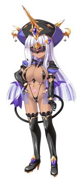 1girl aoi_masami black_gloves black_thighhighs blindfold blush boots breasts corruption covered_erect_nipples dark-skinned_female dark_persona dark_skin demon_girl demon_tail doumyouji_kotetu elbow_gloves full_body game_cg gloves hand_on_own_hip hat highres horns large_breasts large_variant_set long_hair navel non-web_source official_art pubic_tattoo puffy_sleeves slave_gear slave_rain slave_visor_(tsmg_nao!) slingshot_swimsuit solo swimsuit tachi-e tail tattoo thigh_boots thighhighs transparent_background ts_magical_girl_nao variant_set white_hair wings