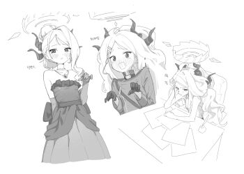 1girl absurdres blue_archive blush breasts demon_girl demon_horns dress gloves halo highres hina_(blue_archive) hina_(dress)_(blue_archive) horns jewelry long_hair monochrome necklace open_mouth pendant simple_background small_breasts standing upper_body white_background yona_(yoroyoro)