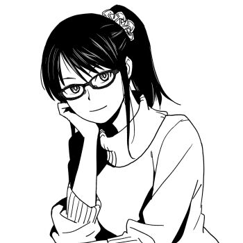 Rule 34 | 1girl, arm support, female focus, glasses, hair ornament, hair scrunchie, hand on own cheek, hand on own face, highres, koiwai koharuko, long hair, monochrome, onsen tamago (hs egg), ponytail, scrunchie, simple background, smile, solo, sweater, upper body, white background, yotsubato!