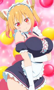 1girl animal_ears apron blush breasts cat_ears closed_mouth detached_collar dot_nose dragon_girl dragon_horns feet_out_of_frame fenix_herz happy horns kobayashi-san_chi_no_maidragon large_breasts long_hair looking_at_viewer maid maid_apron maid_headdress necktie skirt smile solo standing thick_thighs thighs tohru_(maidragon)