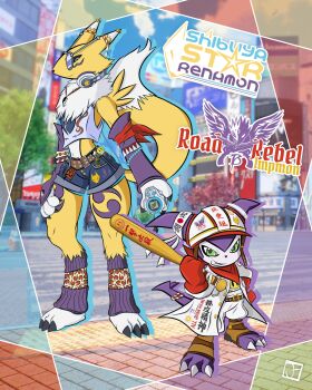 Rule 34 | baseball bat, belt, digimon, digimon (creature), glasses, gloves, green eyes, hat, headphones, highres, impmon, jayfrias, looking at viewer, renamon, scarf, tail, yin yang