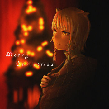 Rule 34 | 1girl, absurdres, animal ears, blonde hair, blurry, braid, christmas, christmas tree, commentary request, depth of field, highres, hotateyuki, light smile, looking to the side, original, short hair, solo, sweater, twin braids, upper body