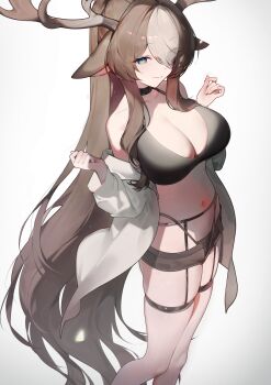 1girl absurdres akris_(deer_chang) animal_ears antlers artist_name bare_shoulders black_choker black_sports_bra blue_eyes blush breasts brown_hair brown_panties brown_shorts choker cleavage closed_mouth collarbone colored_bangs commentary commission commissioner_name crop_top deer_antlers deer_ears deer_girl eyes_visible_through_hair feet_out_of_frame garter_belt hair_between_eyes hair_intakes highleg highleg_panties highres horns huge_breasts jacket legs light_smile long_hair long_sidelocks looking_at_viewer micro_shorts multicolored_hair navel off_shoulder open_clothes open_fly open_shorts original panties pixiv_commission ribiadan shorts sidelocks simple_background solo sports_bra standing stomach strap strap_pull thigh_strap thighs underwear very_long_hair watermark white_background white_hair white_jacket