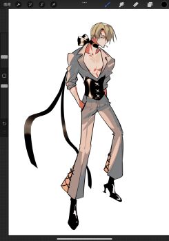 Rule 34 | 1boy, art program in frame, black boots, blonde hair, boots, cigarette, commentary, corset, curly eyebrows, facial hair, formal clothes, full body, goatee, hands in pockets, high heel boots, high heels, highres, male focus, mrjieshisu, neck ribbon, one piece, ribbon, sanji (one piece), short hair, solo, suit, symbol-only commentary