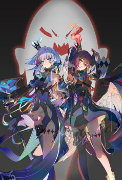2girls absurdres aqua_eyes black_background black_collar black_dress black_thighhighs blue_wings boo_tao_(genshin_impact) brown_eyes brown_hair cerydra_(honkai:_star_rail) chess_piece collar crown detached_sleeves dress feet_out_of_frame fire flower flower-shaped_pupils frilled_thighhighs frills genshin_impact hair_between_eyes highres holding holding_chess_piece holding_scepter honkai:_star_rail honkai_(series) hu_tao_(genshin_impact) long_sleeves looking_at_viewer multiple_girls open_mouth purple_flower qixia red_flower scepter sidelocks simple_background single_bare_shoulder single_thighhigh symbol-shaped_pupils thighhighs white_hair white_wings wings