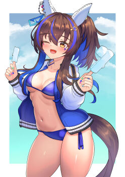 Rule 34 | 1girl, alternate costume, animal ears, bikini, blue bikini, blue hair, blue jacket, blue streaks, blush, border, breasts, brown hair, brown tail, cleavage, cloud, cloudy sky, commentary request, daitaku helios (umamusume), ear covers, fang, food, hair between eyes, highres, holding, holding food, holding popsicle, horse ears, horse girl, horse tail, jacket, long hair, mark under both eyes, medium breasts, multicolored hair, navel, open clothes, open jacket, open mouth, outside border, ponytail, popsicle, side-tie bikini bottom, sky, smile, solo, streaked hair, swimsuit, tail, thighs, umamusume, white border, yellow eyes, yuutopia