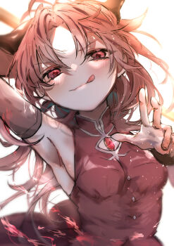 1girl :q absurdres arm_behind_head armpits bare_shoulders black_bow black_wrist_cuffs bow breasts buttons chest_jewel cleavage_cutout closed_mouth clothing_cutout collared_dress commentary_request detached_sleeves dot_nose dress eyelashes fang fang_out fingernails fire floating_hair gem grey_sleeves hair_bow high_collar highres holding holding_behind_back holding_polearm holding_weapon holding_weapon_behind_back light_blush light_particles long_hair long_sleeves magical_girl mahou_shoujo_madoka_magica mahou_shoujo_madoka_magica_(anime) medium_breasts outstretched_hand parted_bangs partial_commentary polearm ponytail pyrokinesis red_dress red_eyes red_gemstone red_hair sakura_kyoko sakura_kyoko_(magical_girl) simple_background skin_fang sleeveless sleeveless_dress smirk solo sunlight tongue tongue_out upper_body very_long_hair weapon white_background wrist_cuffs yaki_ringo1