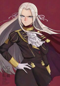 Rule 34 | >:(, 1girl, breasts, cape, commentary request, edelgard von hresvelg, fire emblem, fire emblem: three houses, frown, garreg mach monastery uniform, grey hair, hair ribbon, hand on own hip, highres, long hair, long sleeves, looking at viewer, nintendo, purple eyes, purple ribbon, red background, red cape, ribbon, serious, small breasts, solo, v-shaped eyebrows, very long hair, watakon (owatakon47)
