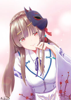 1girl absurdres asahinahanokai blunt_bangs blush braid breasts brown_hair closed_mouth crown_braid eyelashes eyes_visible_through_hair floral_print fox_mask hair_between_eyes hair_ornament hairclip hand_up heaven_burns_red highres japanese_clothes kimono kiryuu_miya large_breasts leaning_forward lips long_hair long_sleeves looking_at_viewer mask mask_on_head mole mole_under_eye neck_ribbon pink_background purple_ribbon red_eyes red_ribbon ribbon school_uniform shirt sidelocks simple_background skirt smile solo sparkle straight_hair tassel tassel_hair_ornament upper_body very_long_hair white_background white_kimono white_shirt white_skirt wide_sleeves