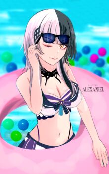 Rule 34 | 1girl, alexaniel, artist name, bikini, black choker, black hair, breasts, choker, cleavage, grey hair, hololive, hololive english, hololive summer 2023 swimsuit, innertube, large breasts, looking at viewer, multicolored hair, navel, one eye closed, shiori novella, solo, split-color hair, sunglasses, swim ring, swimsuit, two-tone hair, virtual youtuber, white bikini, yellow eyes