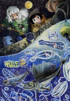 2girls beanie black_hair bucket crosshatching fish flashlight full_moon gloves green_jacket hair_intakes hat hatching_(texture) highres holding holding_flashlight jacket looking_down moon multiple_girls night original parted_lips partially_underwater_shot pier rope satokatsu squid teeth traditional_media water white_hair yellow_gloves yellow_jacket