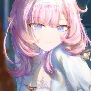 1girl bikini blue_eyes blue_jacket breasts chinese_commentary cleavage commentary_request elf elysia_(honkai_impact) elysia_(miss_pink_elf)_(honkai_impact) elysia_(summer_miss_elf)_(honkai_impact) hairband highres honkai_(series) honkai_impact_3rd jacket jewelry long_hair looking_at_viewer medium_breasts necklace ningjing_jingzi official_alternate_costume pink_hair pointy_ears shell shell_necklace smile solo swimsuit upper_body very_long_hair white_bikini white_hairband