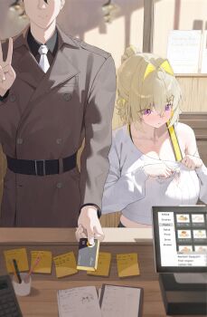1boy 1girl ahoge belt blonde_hair blush bra breasts brown_coat cleavage coat commander_(nikke) credit_card cropped_sweater elegg_(nikke) embarrassed eyes_out_of_frame frown goddess_of_victory:_nikke hair_between_eyes hair_intakes hair_ornament handkerchief head_out_of_frame height_difference holding holding_handkerchief indoors large_breasts lightning_bolt lightning_bolt_hair_ornament medium_hair muffin_top necktie nikku_nana off-shoulder_sweater off_shoulder pink_eyes ponytail restaurant ribbed_sweater stained_clothes sweater trench_coat underwear v white_necktie white_sweater yellow_bra