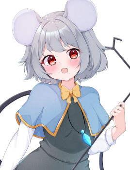 1girl :d animal_ears black_dress blue_capelet blush bow bowtie capelet commentary dowsing_rod dress grey_hair holding jewelry long_sleeves looking_at_viewer mouse_ears mouse_girl mouse_tail nazrin necklace open_mouth red_eyes rururiaru short_hair simple_background smile solo tail thick_eyebrows touhou upper_body white_background yellow_bow yellow_bowtie