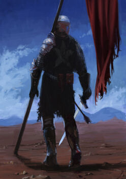 Rule 34 | 1boy, armor, arrow (projectile), arrow in body, bad id, bad pixiv id, belt, bleeding, blood, blood trail, boots, carrying over shoulder, chainmail, cloud, day, desert, flag, from behind, gauntlets, helm, helmet, holding, holding sword, holding weapon, injury, ishida, ishidah, knight, male focus, mountain, original, pauldrons, plate armor, pouch, shoulder armor, sky, solo, star (symbol), stone, sword, tabard, torn clothes, torn flag, blood trail, weapon