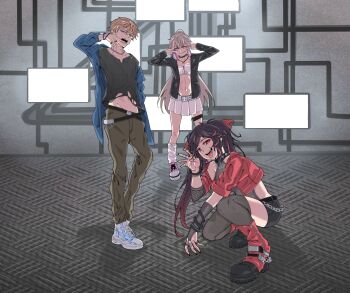 1boy 2girls alternate_costume backless_bodysuit belt black_hair black_jacket black_shirt black_shorts black_thighhighs blonde_hair blue_eyes blue_jacket bodysuit bra brown_pants fingerless_gloves gloves gradient_hair grey_belt grey_bodysuit grey_hair headphones headphones_around_neck highres jacket lee_(pgr) liv_(pgr) long_hair lucia_(pgr) miniskirt multicolored_hair multiple_girls open_clothes open_jacket open_mouth pants pink_eyes pink_skirt pleated_skirt punishing:_gray_raven red_eyes red_hair red_jacket red_streaks shirt short_hair short_shorts shorts single_glove skirt thighhighs tongue tongue_out torn_clothes torn_shirt underwear very_long_hair white_bra wuyishi