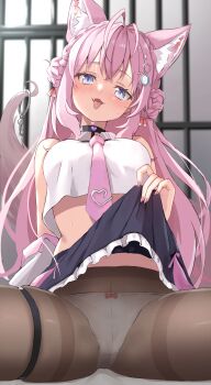 1girl absurdres animal_ears antenna_hair bare_shoulders black_choker black_skirt blurry blurry_background blush bow bow_panties braid braided_bun breasts brown_pantyhose choker clothes_lift coat collared_shirt commentary crown_braid double_bun fang fingernails hair_bun hair_ornament hair_ribbon hakui_koyori hakui_koyori_(1st_costume) head_tilt heart heart_choker highres holding holding_with_tail hololive key lab_coat large_breasts long_hair looking_at_viewer nail_polish necktie open_mouth panties pantyhose pink_hair pink_nails pink_necktie pink_skirt prehensile_tail prison purple_eyes red_ribbon ribbon saliva shirt sitting skirt skirt_lift sleeveless sleeveless_shirt smile solo sweat tail thigh_strap thighs tie_clip tongue tongue_out tonton_utaro underwear virtual_youtuber white_coat white_panties white_shirt wolf_ears wolf_girl wolf_tail